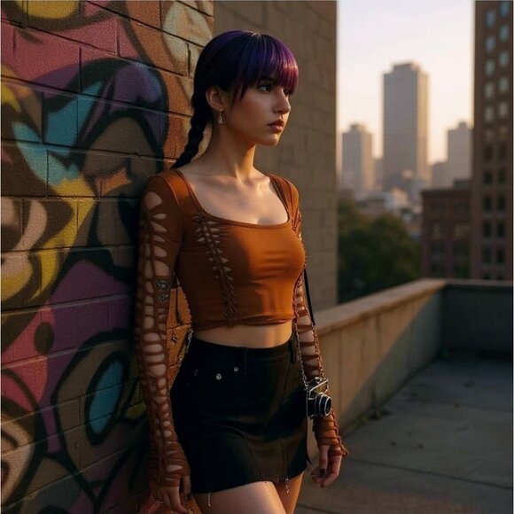 Current Mood Earth Brown Slashed Long Sleeve Crop Top XS - Picture 1 of 9